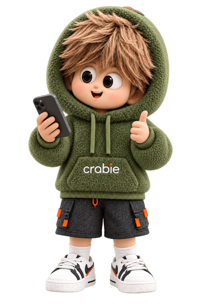 Mascote da Crabie segurando o celular com o polegar pra cima